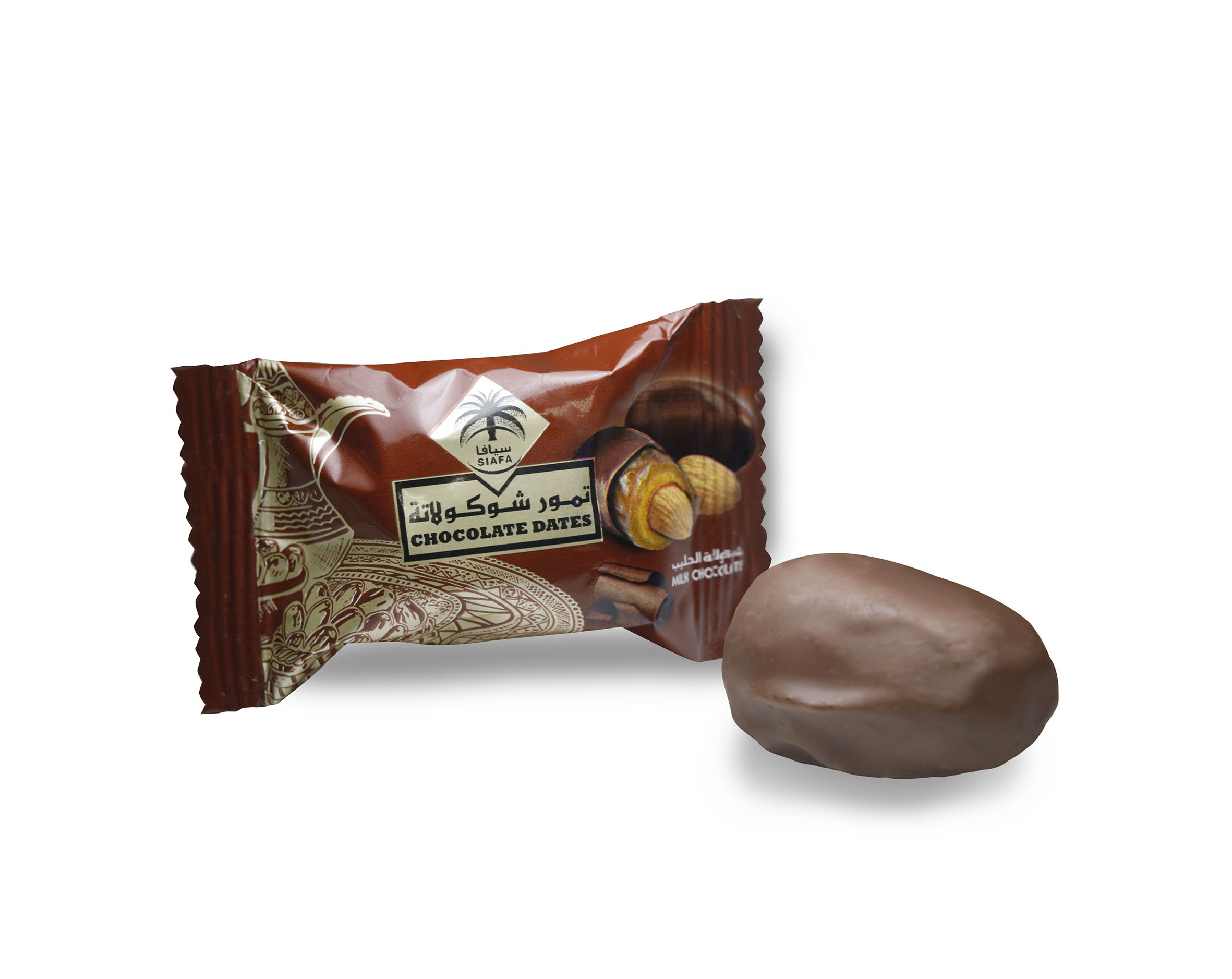 Dates with Milk chocolate and Almond 100 gms تمور سيافا سيافا للتمور